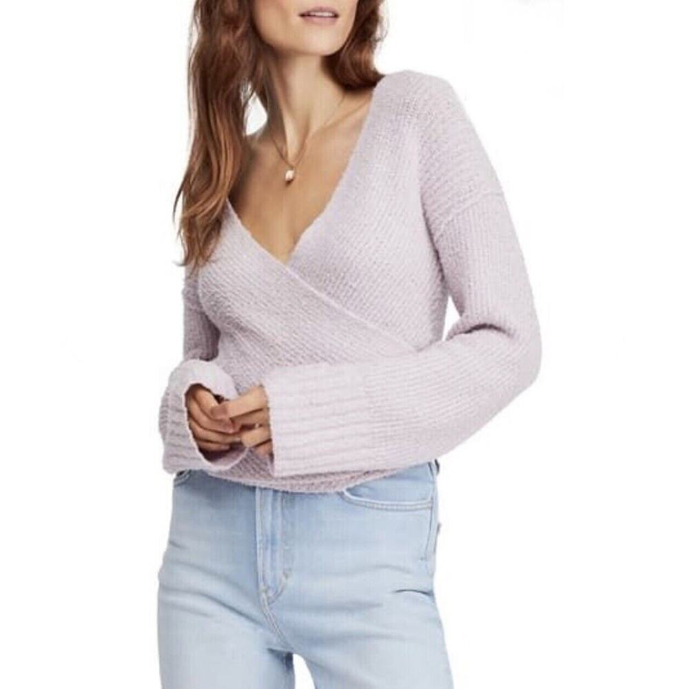 Free People Women Purple Lilac Long Sleeve V-neck Faux Wrap Sweater S OB923359 - Picture 5 of 8